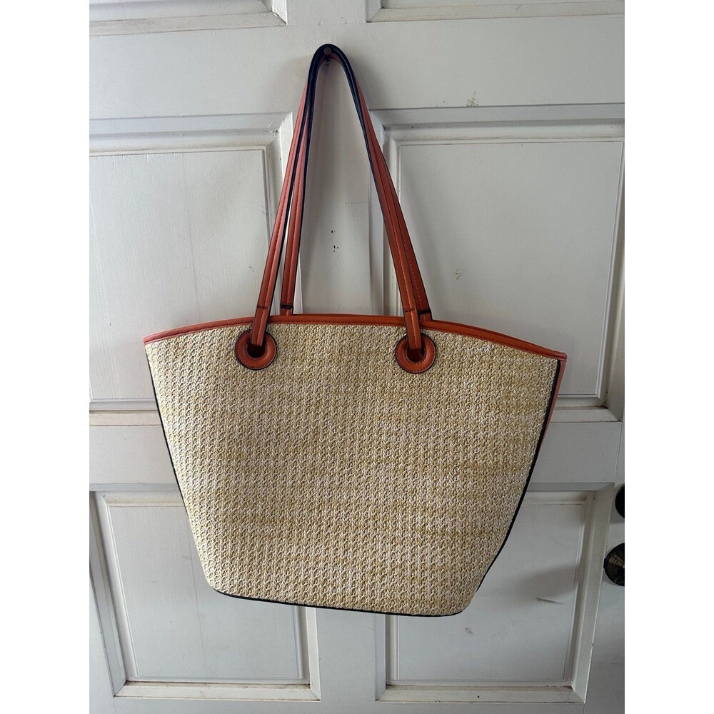 Straw Vegan Leather Trim Zippered Pouch Ditsy Floral Lined Tote Shoulder Bag